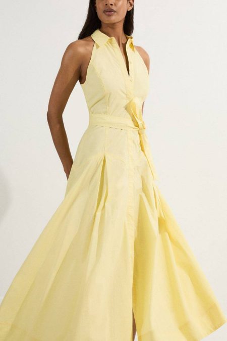 Cotton Collared Halter Neck Woven Midi Shirt Dress With Dropped Waist Detail White Women Shirt Dresses Karen Millen