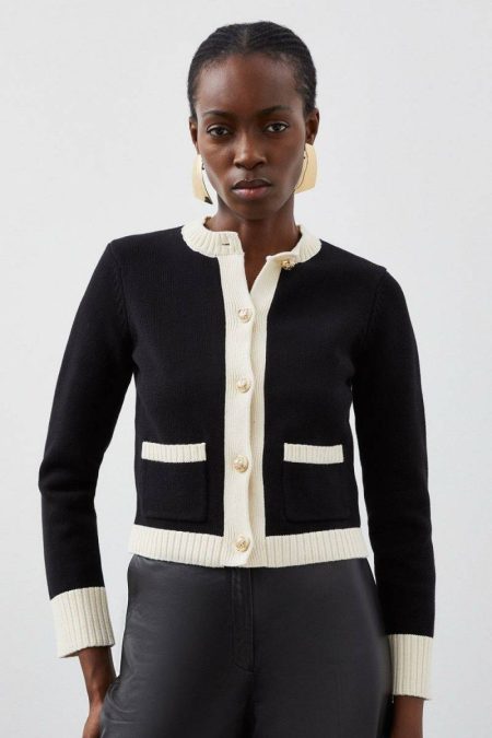Cotton Cropped Knit Boxy Cardigan Knitwear Women Cream Karen Millen