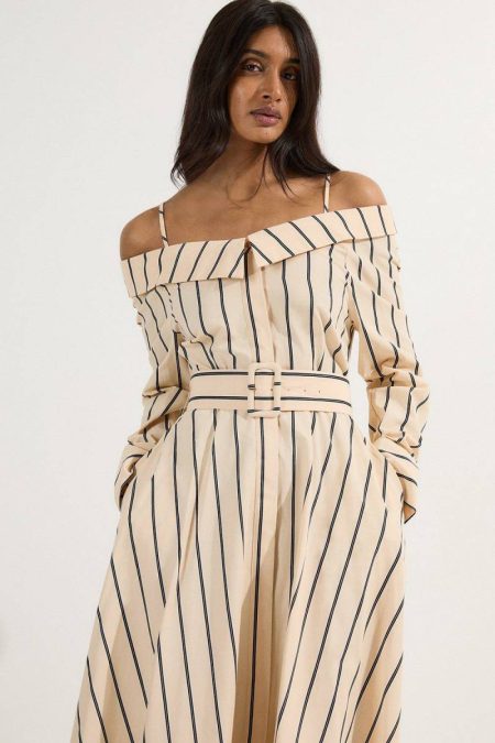 Cotton Stripe Belted Woven Maxi Dress Women Karen Millen Stripe Maxi Dresses