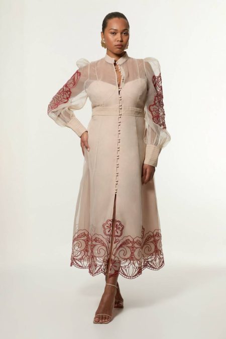 Cream Midi Dresses Women Plus Size Organdie Embroidered Woven Midi Dress Karen Millen