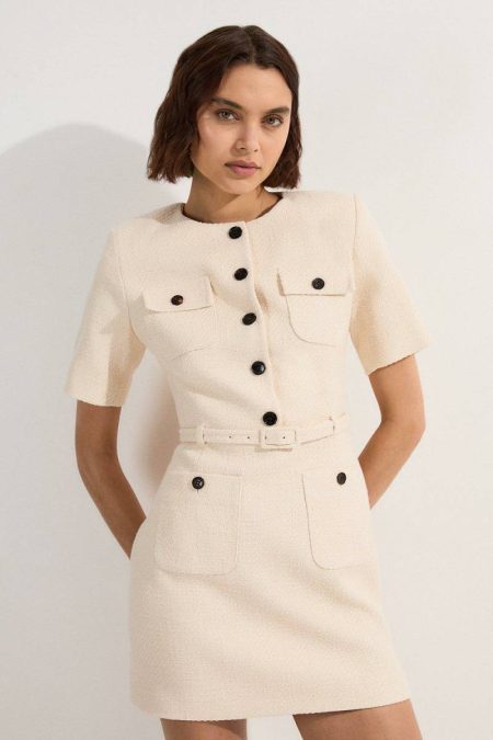 Cream Mini Dresses Textured Tweed Belted Tailored Mini Dress Women Karen Millen