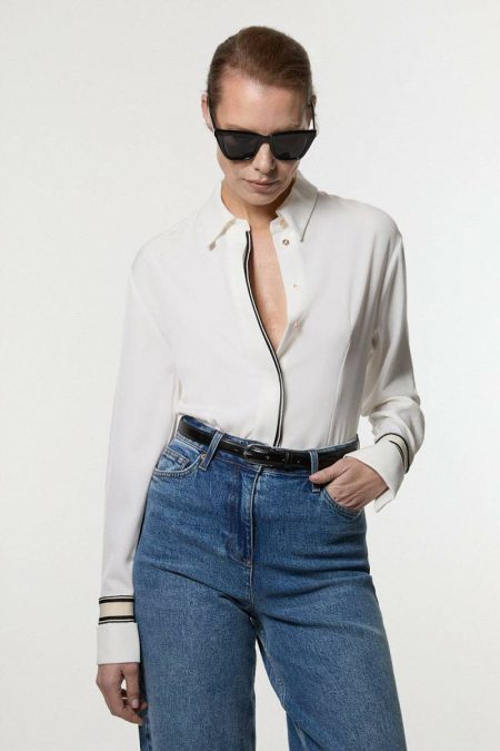Crepe Woven Shirt With Contrast Stripe Trim Women Tops Ivory Karen Millen