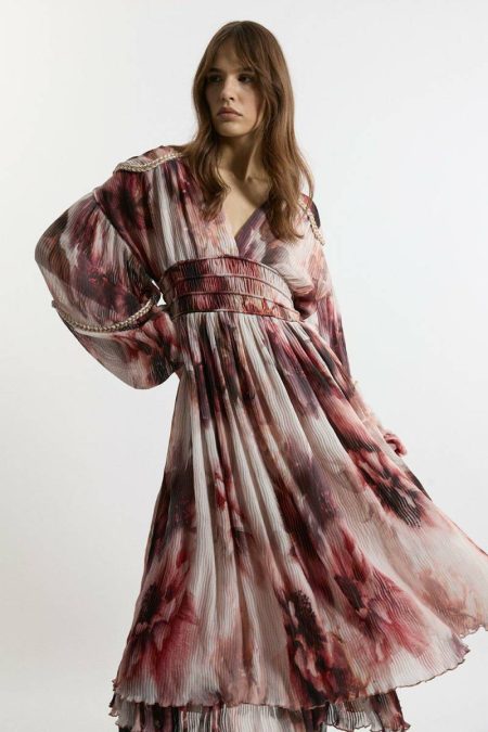 Crinkle Floral Woven Midi Dress With Balloon Sleeve And Embellishment Floral Karen Millen Tailoring Women