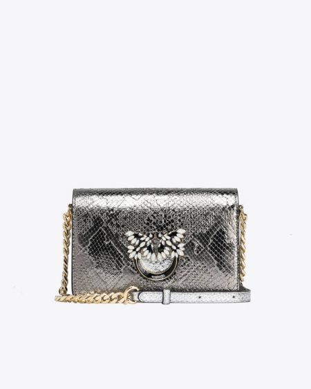 Crossbody Bags Charcoal-Light Gold Pinko Galleria Mini Love Bag Click In Punched Reptile Skin