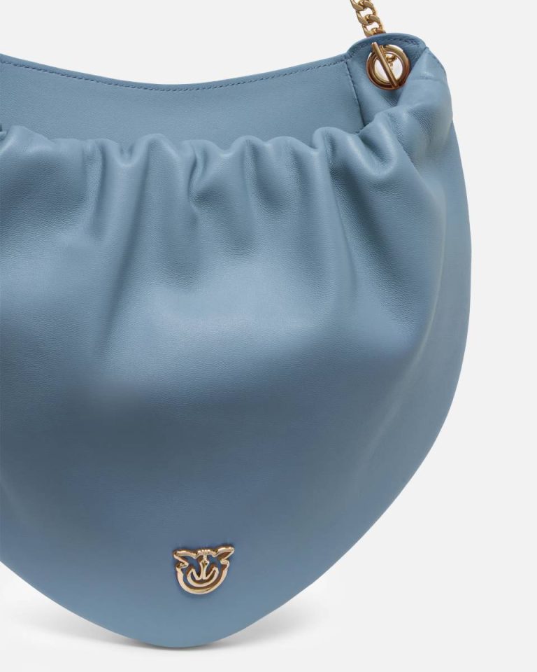 Crossbody Bags Gathered Nappa Leather Hobo Bag With Chain Shoulder Strap Pinko Galleria Dusty Blue-Light Gold - Image 3