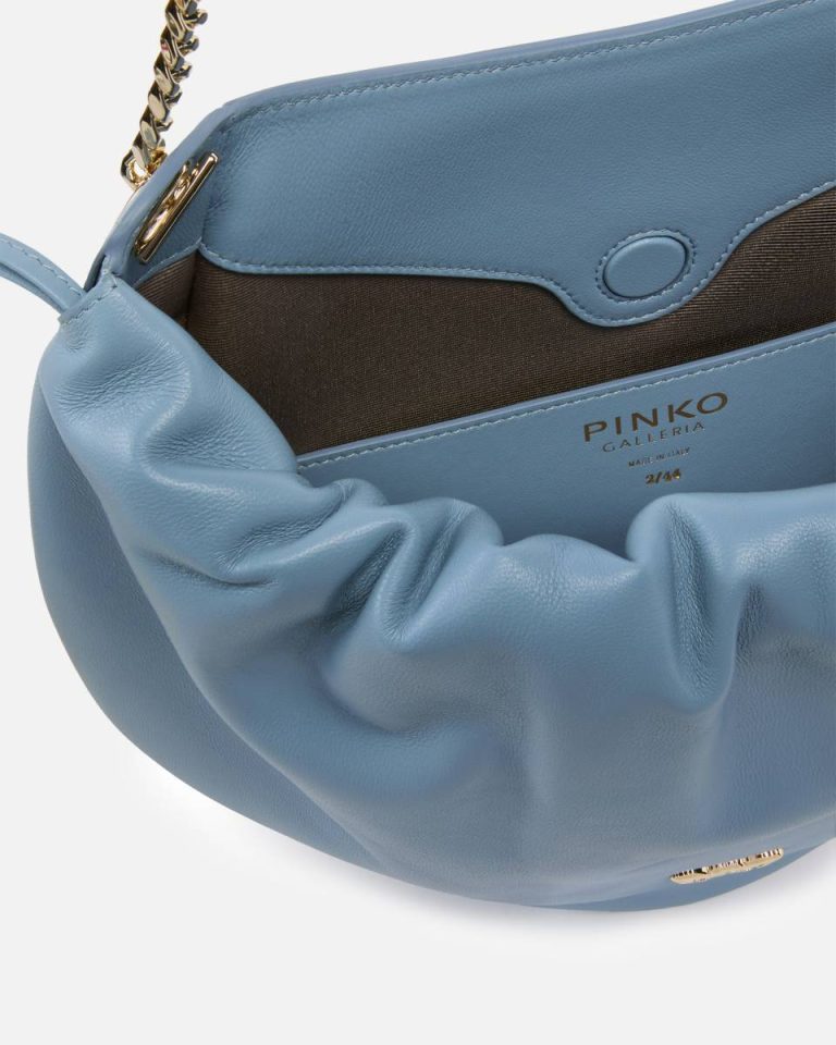 Crossbody Bags Gathered Nappa Leather Hobo Bag With Chain Shoulder Strap Pinko Galleria Dusty Blue-Light Gold - Image 4