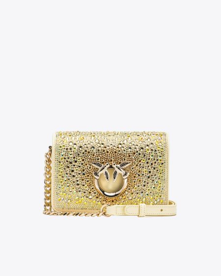 Crossbody Bags Pinko Galleria Full-Rhinestone Mini Love Bag Click Safari Beige-Light Gold