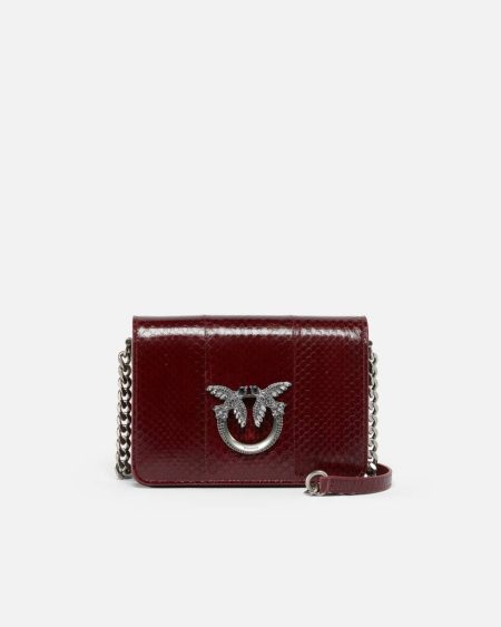 Crossbody Bags Pinko Galleria Mini Love Bag Crossbody Bag In Shiny Reptile Skin Cordovan Tan-Old Silver