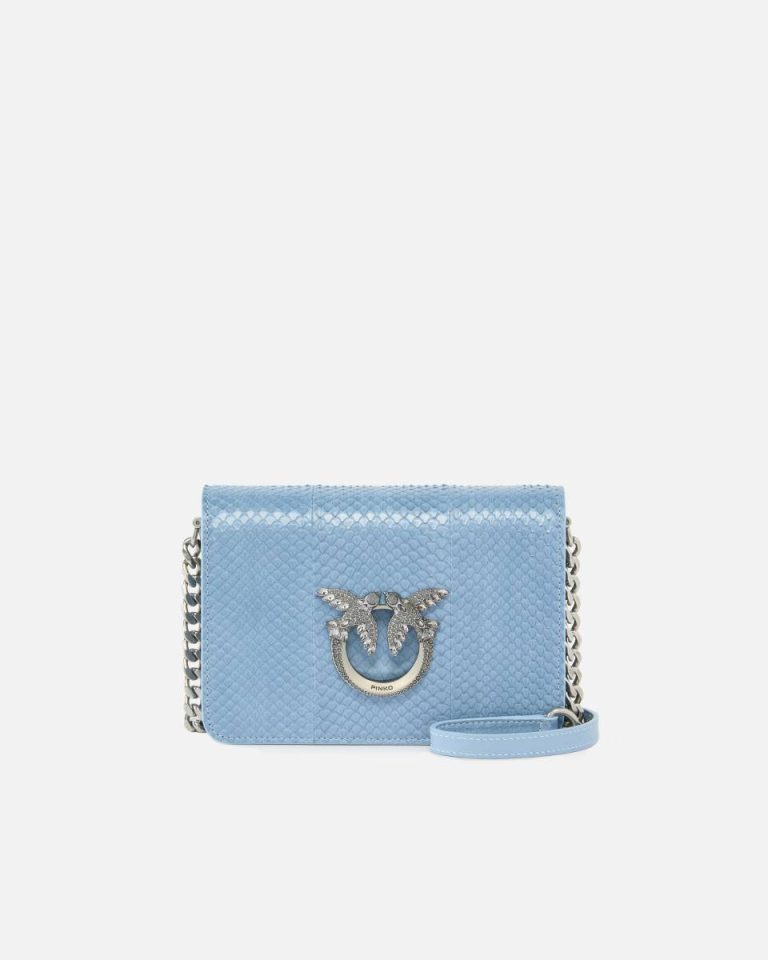 Crossbody Bags Pinko Galleria Mini Love Bag Crossbody Bag In Shiny Reptile Skin Dusty Blue-Old Silver
