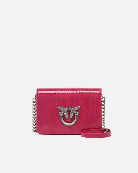 Crossbody Bags Pinko Galleria Mini Love Bag Crossbody Bag In Shiny Reptile Skin Fuchsia-Cactus Flower-Old Silver