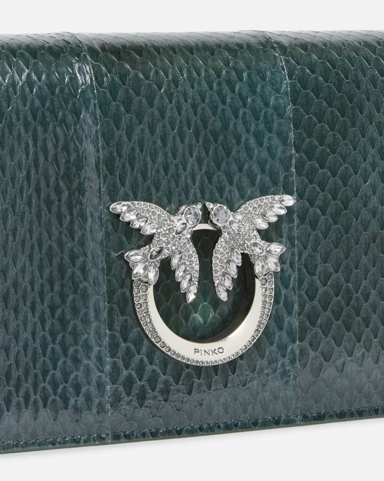 Dark Green-Old Silver Pinko Galleria Mini Love Bag Crossbody Bag In Shiny Reptile Skin Crossbody Bags - Image 3