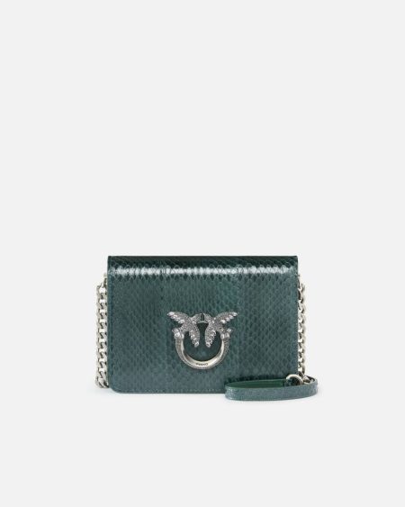 Dark Green-Old Silver Pinko Galleria Mini Love Bag Crossbody Bag In Shiny Reptile Skin Crossbody Bags