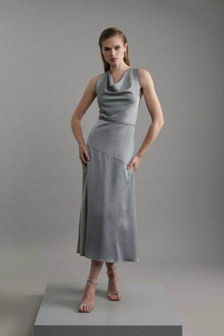 Dark Grey Karen Millen Women Satin Halter Neck Woven Midi Dress Tailoring