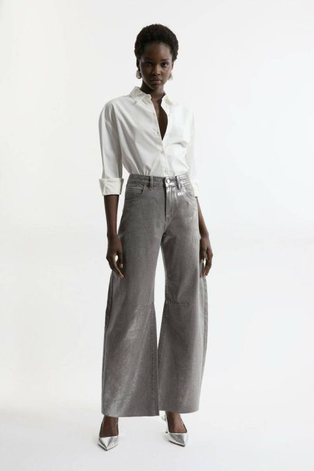 Dark Grey Women Karen Millen Denim Foiled Wide Leg Jeans Tailoring