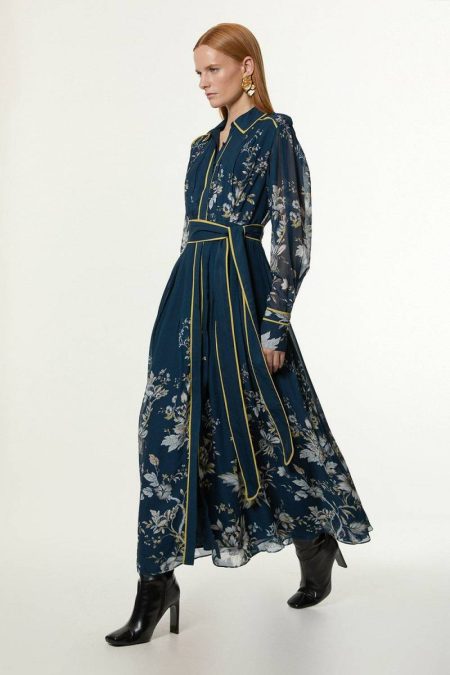 Dark Navy Maxi Dresses Petite Border Print Viscose Piped Woven Shirt Balloon Sleeve Maxi Dress Karen Millen Women