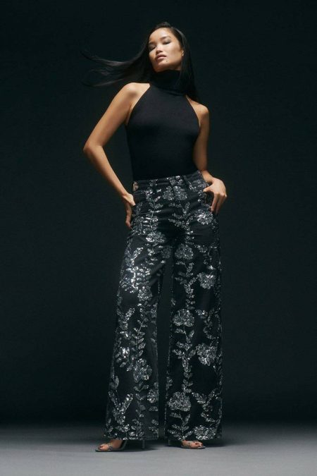 Denim All Over Floral Sequin Wide Leg Pants Denim Ivory Karen Millen Women