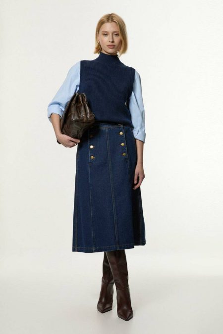 Denim Button Front A Line Midi Skirt Mid Blue Women Tailoring Karen Millen