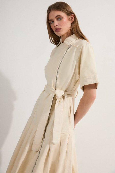 Denim Denim Pleated Hem Biker Dress Cream Karen Millen Women