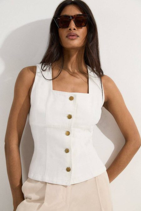 Denim Soft Wash Sleeveless Square Neck Top Mid Blue Karen Millen Women Tops