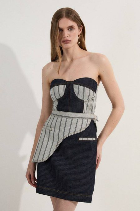 Denim Stripe Denim Belt Detail Bandeau Midi Dress Mid Blue Women Karen Millen