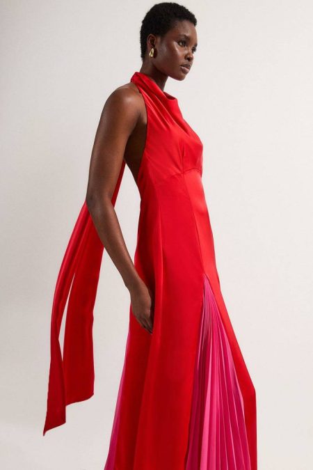 Drama Halter Pleat Insert Woven Maxi Dress Maxi Dresses Red Karen Millen Women