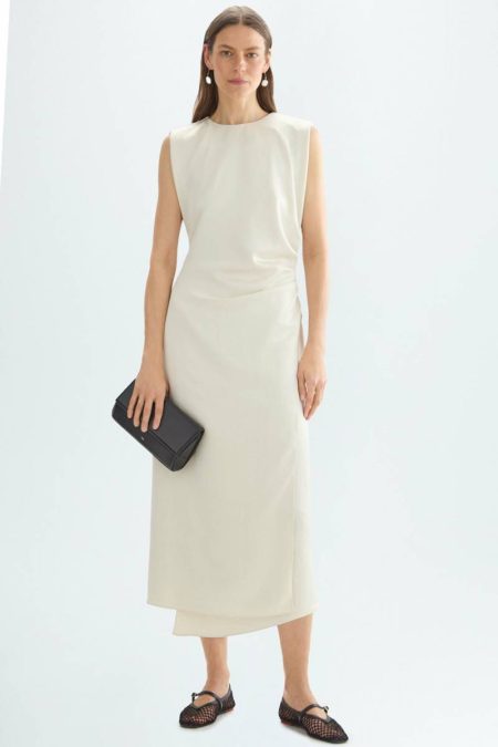 Dresses Women Ecru Purificacion Garci Draped Satin Crepe Fitted Midi Dress