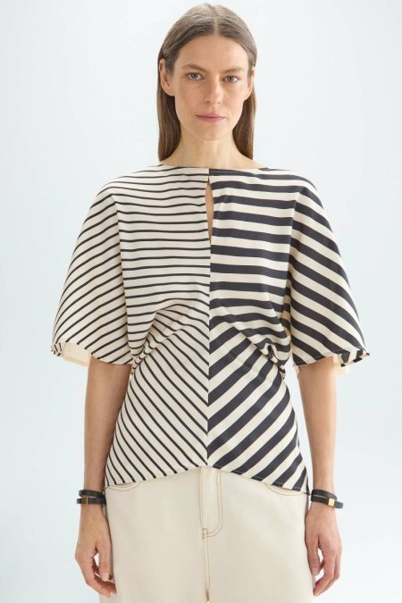 Ecru/Black Women Striped Print Twill Knit Fitted T-Shirt T-Shirts And Tops Purificacion Garci