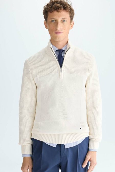 Ecru Cube Textured Cotton Half-Zip Sweater Sweatshirts Purificacion Garci Men
