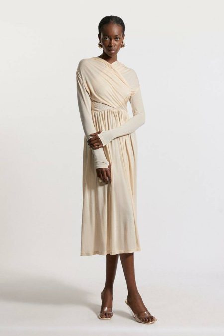 Ecru Karen Millen Women Premium Tencel Jersey Wrap Detail Midi Dress Midi Dresses