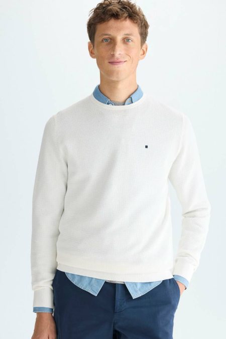 Ecru Knitwear Textured Pima Cotton Sweater Men Purificacion Garci
