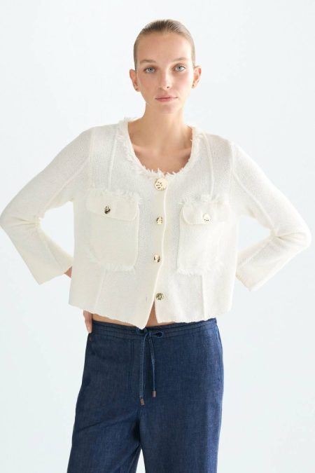 Ecru Women Buttoned Moss Stitch Straight-Fit Short Jacket Purificacion Garci Jackets