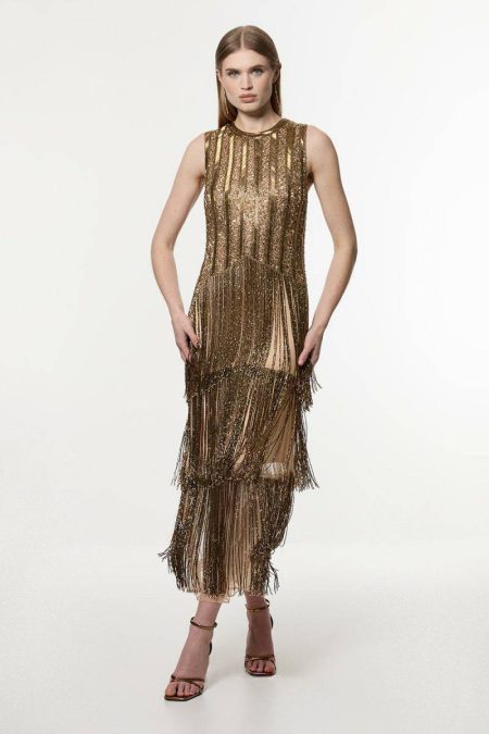 Embellished And Beaded Layered Fringing Woven Midi Dress Women Karen Millen Gold Midi Dresses
