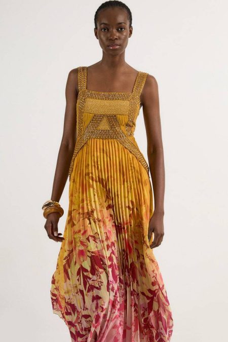 Embellished Ombre Floral Pleated Woven Maxi Dress Maxi Dresses Karen Millen Yellow Women