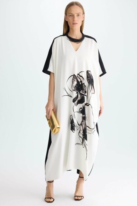Evening Ecru/Black Women Purificacion Garci Flowery Print Crepe Oversize Dress