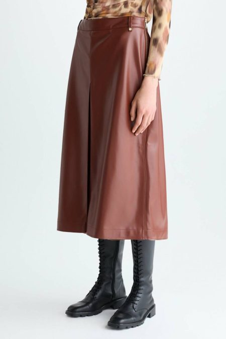 Faux-Leather A-Line Culottes Trousers Brown Purificacion Garci Women