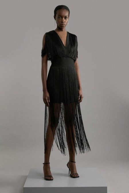 Figure Form Bandage Knit Fringe Detail Dress Karen Millen Women Knitwear Black