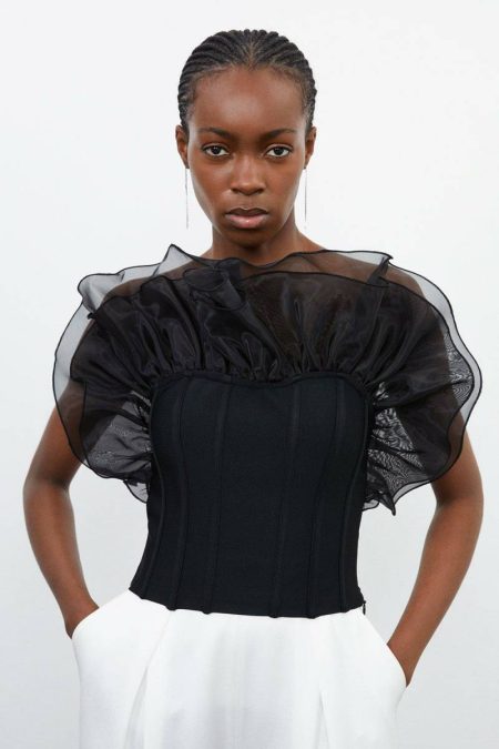 Figure Form Bandage Knit Organza Frill Detail Top Women Tailoring Karen Millen Cream
