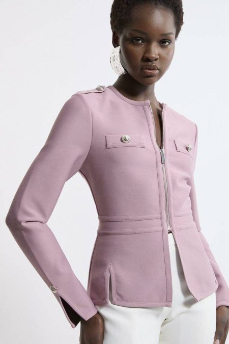 Figure Form Bandage Military Contrast Piping Knit Split Hem Jacket Women Mono Karen Millen Knitwear