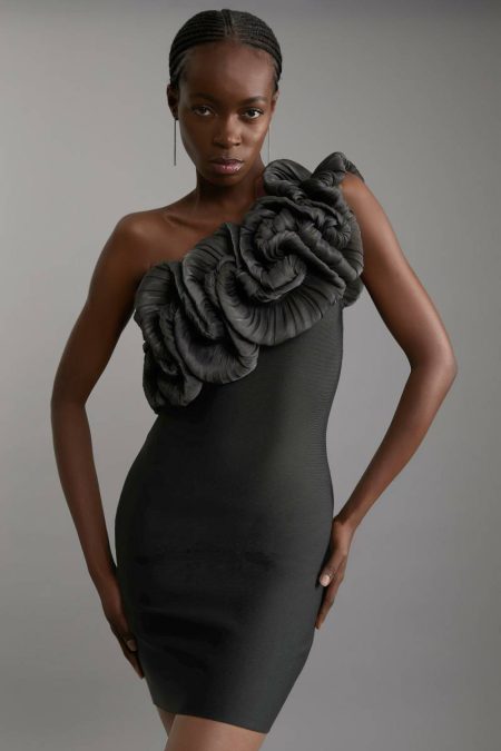 Figure Form Bandage Silk Look Flower Detail One Shoulder Knit Dress Women Karen Millen Red Tailoring