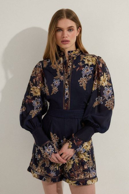 Floral Dresses Karen Millen Navy Tall Voile Floral Border Print Woven Romper With Ladder Lace Trim Women