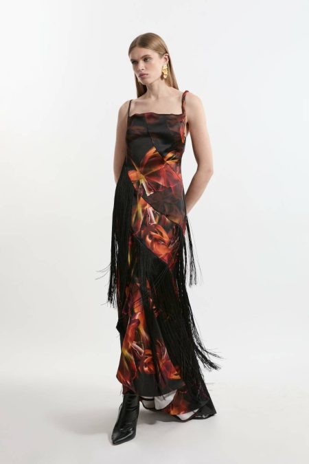 Floral Heavy Satin Panelled Fringed Woven Strappy Maxi Dress Women Karen Millen Tailoring Floral