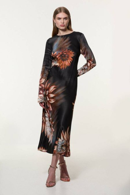 Floral Midi Dresses Karen Millen Women Viscose Satin Long Sleeve Bias Cut Woven Midi Dress