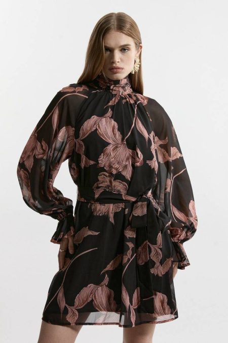 Floral Petite Georgette Tie Neck Woven Mini Dress Mini Dresses Karen Millen Women