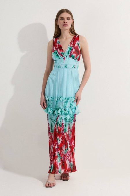 Floral Pleat Detail Strappy Woven Midi Dress Midi Dresses Blue Women Karen Millen
