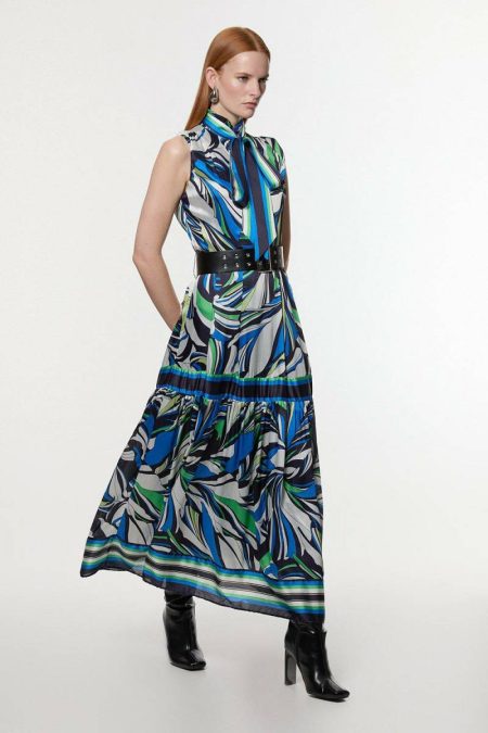Floral Printed Woven Sleeveless Tie Neck Maxi Dress Women Blue Maxi Dresses Karen Millen