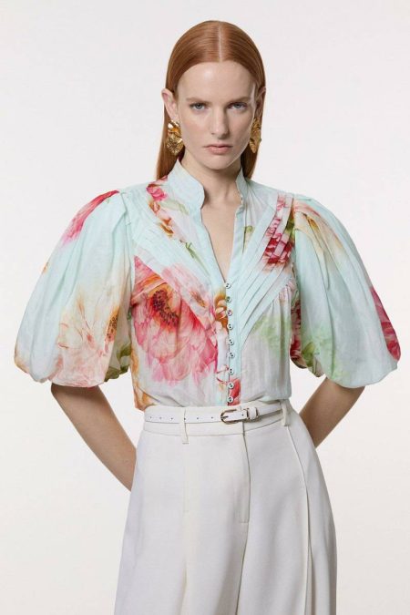 Floral Silk Cotton Short Sleeve Pintuck Woven Blouse Karen Millen Women Tops