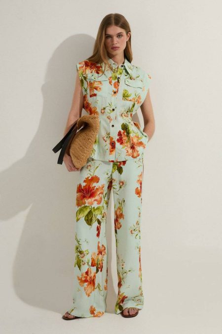 Floral Women Karen Millen Premium Viscose Linen Floral Woven Straight Leg Pants Two-Piece Sets