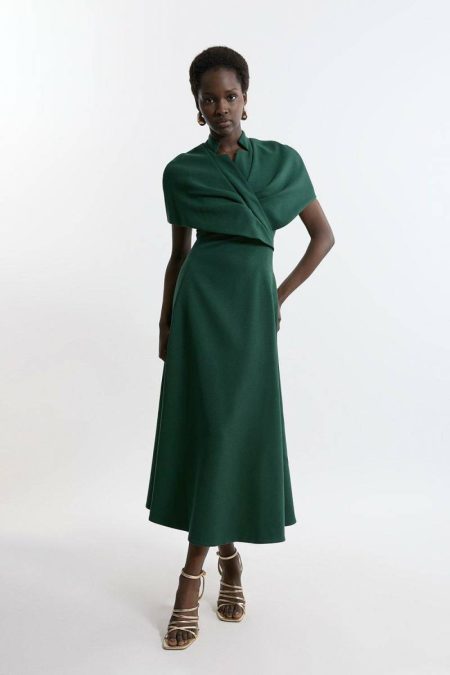 Forest Karen Millen Structured Crepe Cape Detail Full Skirted Tailored Midi Dress Women Midi Dresses