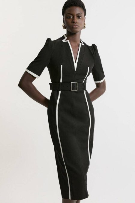 Forever Dresses Camel Compact Stretch Contrast Tipped Forever Belted Tailored Midi Dress Karen Millen Women