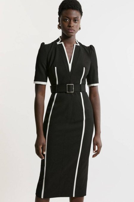 Forever Dresses Petite Compact Stretch Contrast Tipped Forever Belted Tailored Midi Dress Karen Millen Women Black